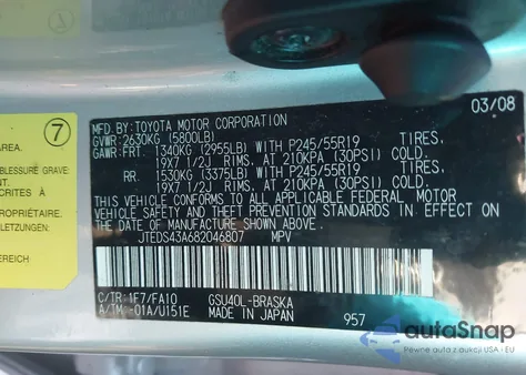 2008 Toyota Highlander Sport из США, поврежденный, VIN JTEDS43A682046807